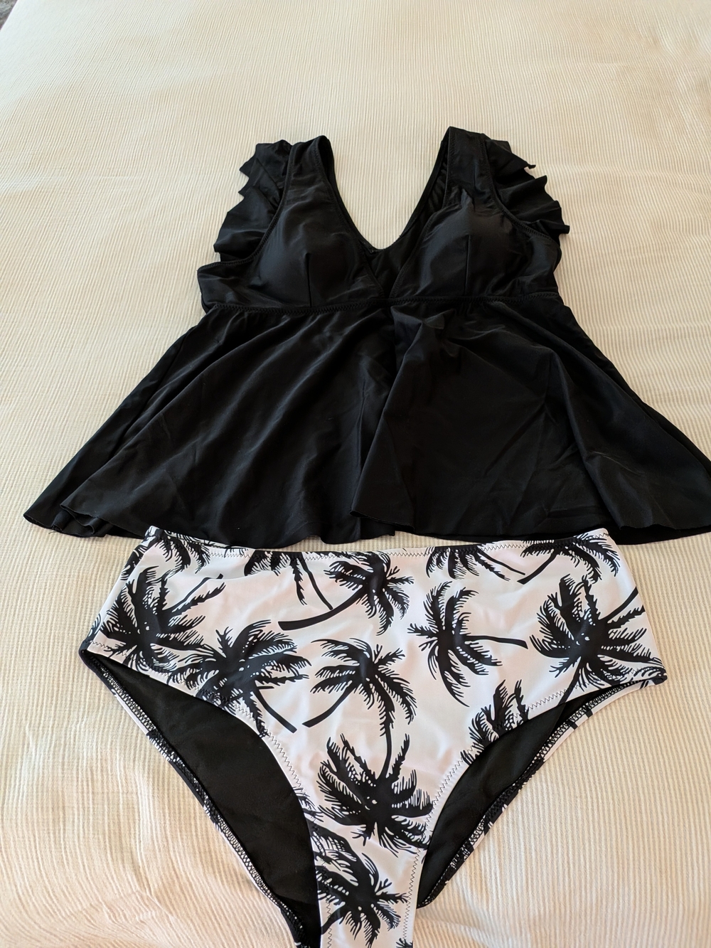Black Ruffle Tankini Top with Palm-Print High Waisted Bikini Bottom